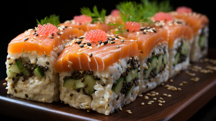  Detailed Sushi Roll on a Square Black Plate