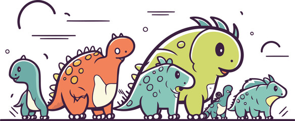 Vector illustration of cute dinosaurs on white background. Line art design.