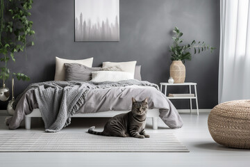 Luxury Interior design of elegant bedroom with big bed and grey with domestic cat sitting near bed, Home modern cozy decor.
