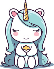 Cute cartoon unicorn sitting and holding a heart. Vector illustration.