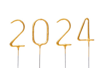 Golden numbers 2024 on stick on white isolated background. New Year and Christmas celebration...