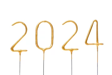 Foto op Canvas Golden numbers 2024 on stick on white isolated background. New Year and Christmas celebration concept, wishes and greetings, card design © Daryna 