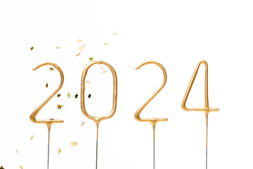 Golden numbers 2024 and falling glitter stars on white isolated background. celebration concept and...