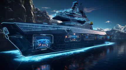 3d image of military boat with a hologram technology screen background - obrazy, fototapety, plakaty