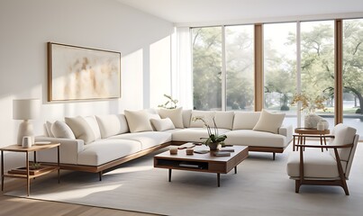 Modern living room showcasing mid-century design with a white sofa complemented by brown leather armchairs