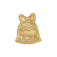 Bell Christmas gingerbread, watercolor illustration.