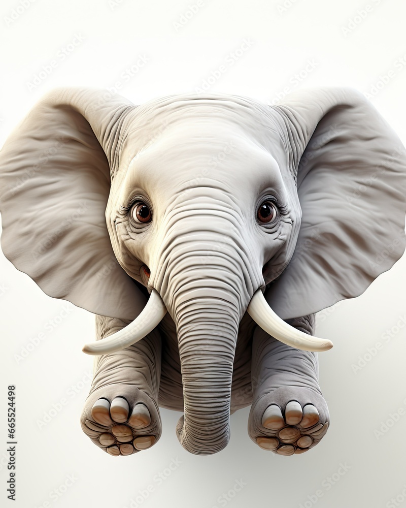 Poster an elephant with its trunk stretched out and eyes wide open. generative ai