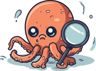 Cute octopus character with magnifying glass. Vector illustration.