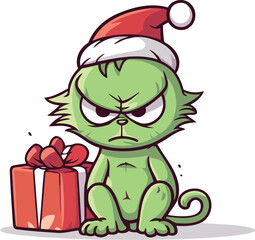 Cute cartoon cat with a christmas gift. Vector illustration.