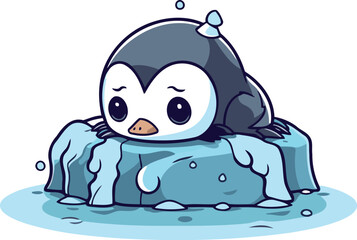 Cute cartoon penguin sitting on the ice. vector illustration.