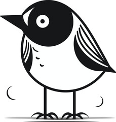 Black and white vector illustration of a cute little bird on a white background