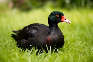 Large heavy bodied Black Muscovy duck sitting in green grass. Poultry farm with dark duckling bird. Generate ai - Powered by Adobe
