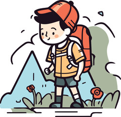 Hiking in mountains. A boy with a backpack and a cap. Vector illustration