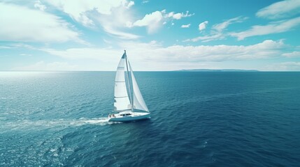 Obraz premium A breathtaking perspective of a yacht gracefully sailing in the open sea on a windy day, captured from a drone's bird's eye view. The image is enhanced with vivid color processing