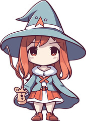 Cute little girl in witch costume with magic wand. Vector illustration.