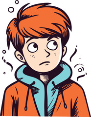 sad boy with red hair in winter coat. vector illustration.