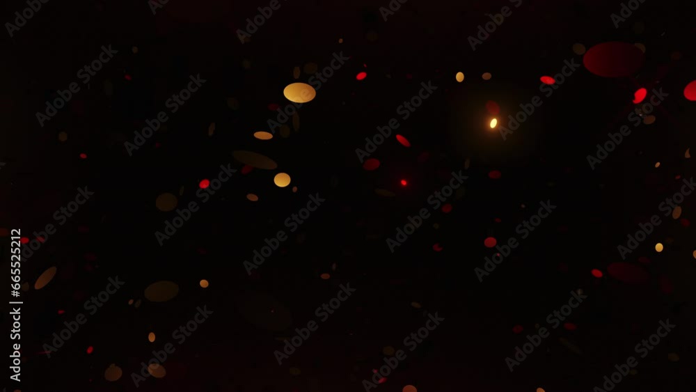 Wall mural abstract floating glittery shiny circle particles red gold black background loop