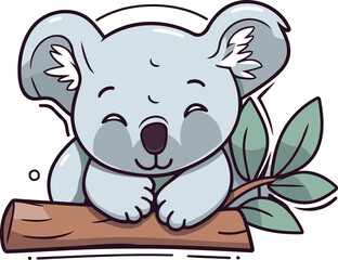 Cute cartoon koala on a tree branch. Vector illustration.