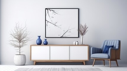 A stylish living room interior in modern home decor is showcased with mock-up poster frames, a navy blue commode, books, decorations, and elegant personal accessories