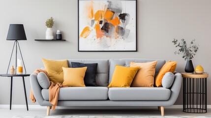 A cozy and inviting living room interior is adorned with a comfortable Scandinavian sofa in a soft shade of grey. The sofa is complemented by a collection of pillows in varying shades of yellow