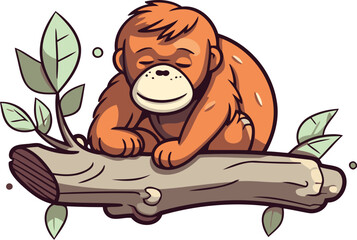 Vector illustration of a cute cartoon orangutan sitting on a log. © Ehtisham