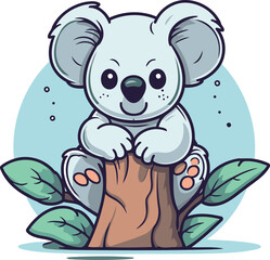 Cute cartoon koala sitting on a tree. Vector illustration.