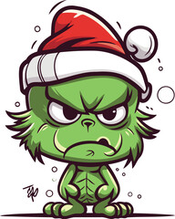 Angry cartoon monster in Santa Claus hat. Vector illustration on white background. - obrazy, fototapety, plakaty