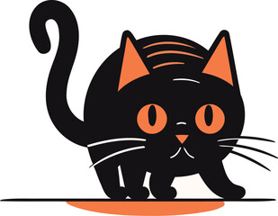 Cute black cat with orange eyes. Vector illustration isolated on white background.