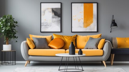 A cozy and inviting living room interior is adorned with a comfortable Scandinavian sofa in a soft shade of grey. The sofa is complemented by a collection of pillows in varying shades of yellow