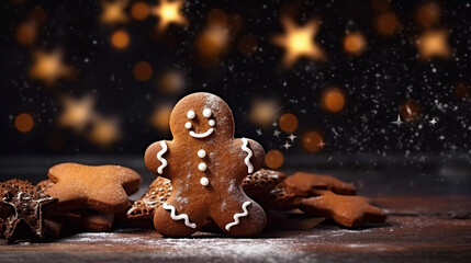 Christmas gingerbread cookies and gingerbread man with Christmas decorations on dark background with lights. Traditional Christmas baking - obrazy, fototapety, plakaty