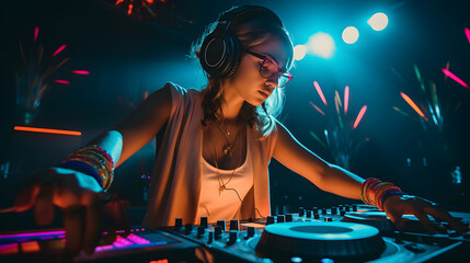 Obraz na płótnie Canvas Young woman DJ wearing headphones and playing music in night club party