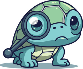 Turtle with magnifying glass. Cute cartoon vector illustration.