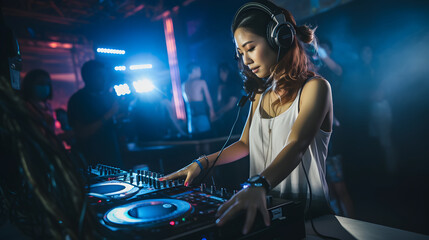 Young woman DJ wearing headphones and playing music in night club party