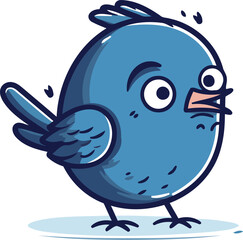 Cute cartoon blue bird isolated on white background. Vector illustration.