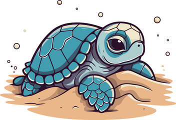 Cute cartoon turtle on the sand. Vector illustration isolated on white background.