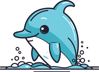 Cute cartoon dolphin jumping out of the water. Vector illustration.