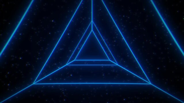 Universe Retro Futuristic 80's Background 4K. Synthwave wireframe triangle net grid. Abstract digital background. 80s, 90s Retro futurism, Retro wave cyber deep space surfaces. Neon glow particles