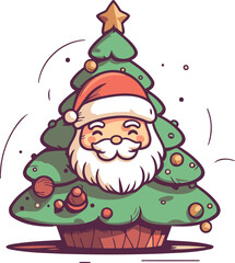 Santa Claus with christmas tree. Vector illustration in cartoon style.