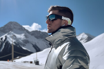 Fototapeta na wymiar Man in a ski suit and sunglasses against the backdrop of snow-capped mountains