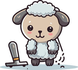 Sheep with mop. Cute cartoon character. Vector illustration