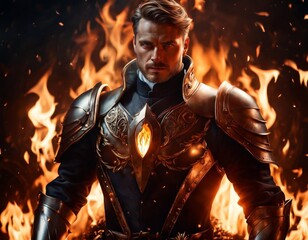 Fototapeta na wymiar A knight in armor against a background of flames