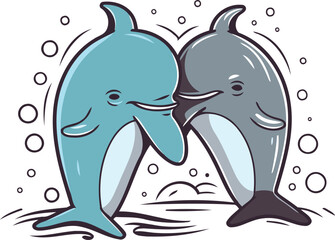 Two dolphins in love. Vector illustration in cartoon style isolated on white background.