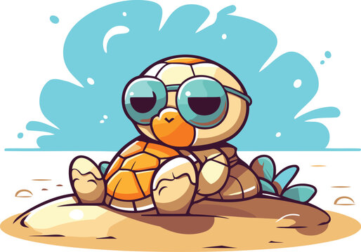 Cute little turtle cartoon character sitting on the sand. Vector illustration.
