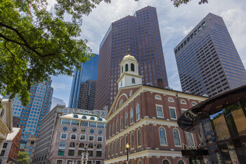 Fototapeta na wymiar Exterior of the Faneuil Hall Marketplace with highrise buildings in the background, Boston, USA