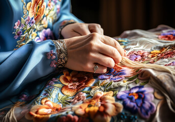 Artisan embroidering fabric with colored threads. Handmade. Traditional crafts. AI generated