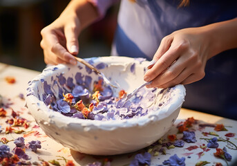 Artisan hand painting a ceramic piece. Embossed art. Traditional crafts. Handmade. AI generated