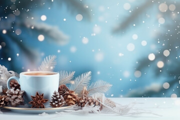 Obraz na płótnie Canvas Christmas background with coffee cup, festive decorations, ice crystal snowflakes and fir branches. Generative AI