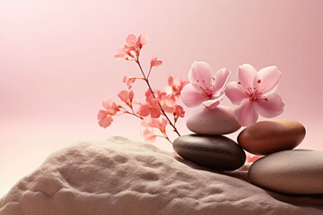 Flowers and stones. Cosmetic display stand with blossom flowers on pastel background. Generative AI