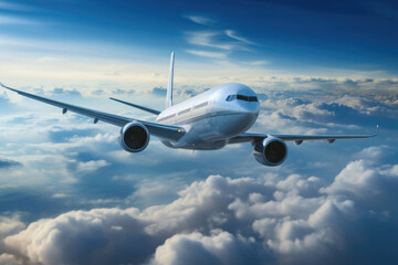 Naklejka premium Passengers airplane flying above clouds in blue sky. Concept of fast travel. AI generated
