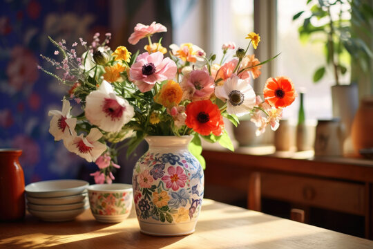 Freshly picked wildflowers in a vase with folk pattern on a kitchen table. Generative AI